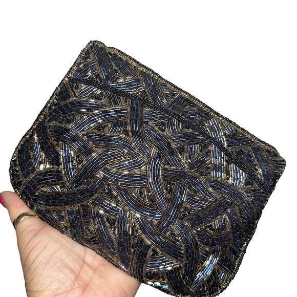 Unbranded Handbags - Beaded Clutch Black Blue Gold Hand Beaded Throughout Handbag Purse Evening Party